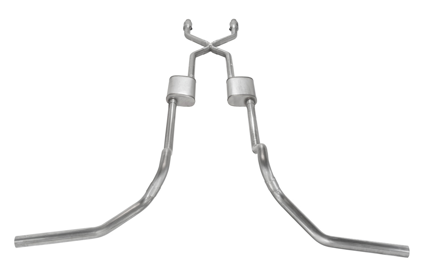 Crossmember Back w/X-Pipe System 75-87 GM Split Rear Dual Exit 2.5 in Intermediate And Tail Pipe Natural Finish 409 Stainless Steel Catalytic Converter Incl Pypes Performance Exhaust-11