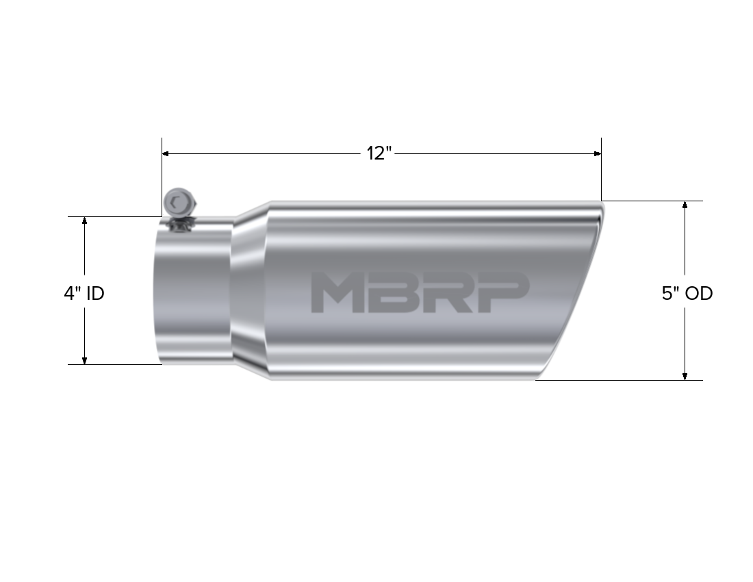 Exhaust Tail Pipe Tip 5 Inch O.D. Angled Rolled End 4 Inch Inlet 12 Inch Length T304 Stainless Steel MBRP-1