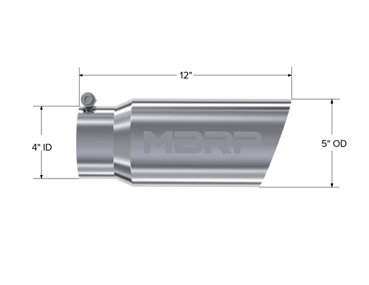 Exhaust Tail Pipe Tip 5 Inch O.D. Angled Single Walled 4 Inch Inlet 12 Inch Length T304 Stainless Steel MBRP-1