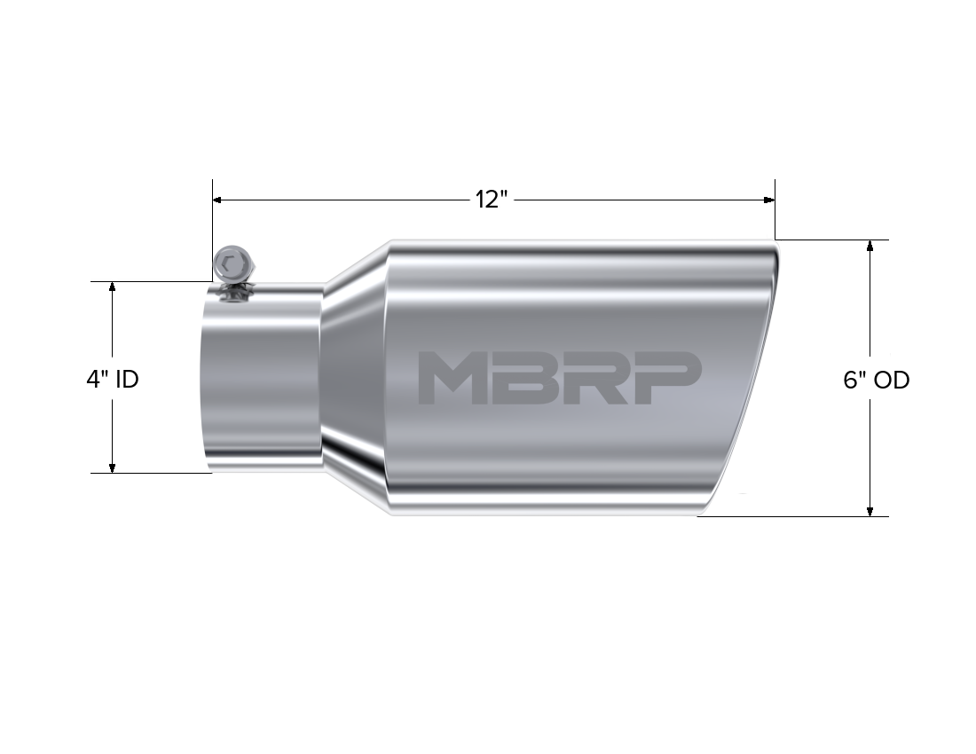 Exhaust Tail Pipe Tip 6 Inch O.D. Angled Rolled End 4 Inch Inlet 12 Inch Length T304 Stainless Steel MBRP-1