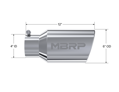 Exhaust Tail Pipe Tip 6 Inch O.D. Angled Rolled End 4 Inch Inlet 12 Inch Length T304 Stainless Steel MBRP-1