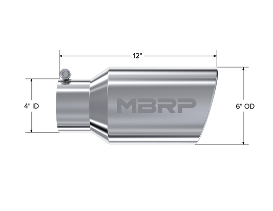 Exhaust Tail Pipe Tip 6 Inch O.D. Angled Rolled End 4 Inch Inlet 12 Inch Length T304 Stainless Steel MBRP-1