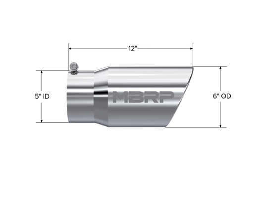 Exhaust Tail Pipe Tip 6 Inch O.D. Angled Rolled End 5 Inch Inlet 12 Inch Length T304 Stainless Steel MBRP-1