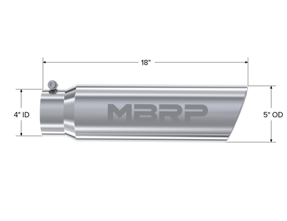 Exhaust Tip, T304 5 Inch OD Angled Rolled End, 4 Inch Inlet 18 Inch length MBRP-1
