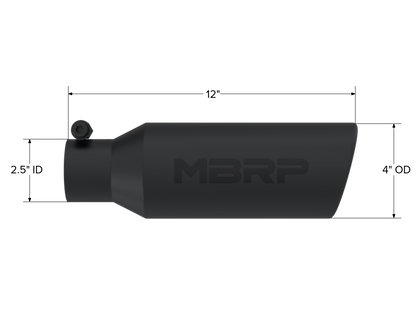 4 Inch OD 2.5 Inch Inlet 12 Inch Length Exhaust Tail Pipe Tip Angled Cut Rolled End Clampless-No Weld Black Coated MBRP-1