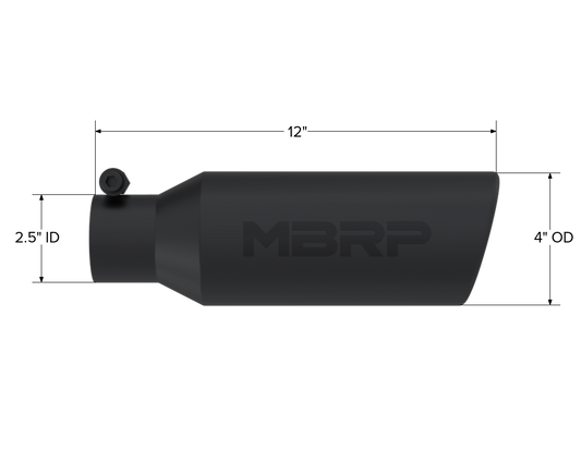 4 Inch OD 2.5 Inch Inlet 12 Inch Length Exhaust Tail Pipe Tip Angled Cut Rolled End Clampless-No Weld Black Coated MBRP-1