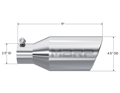 Exhaust Tip 4 1/2 Inch O.D. Single Wall Angle Rolled End 2.5 Inch Inlet 11 Inch Length T304 Stainless Steel MBRP-1