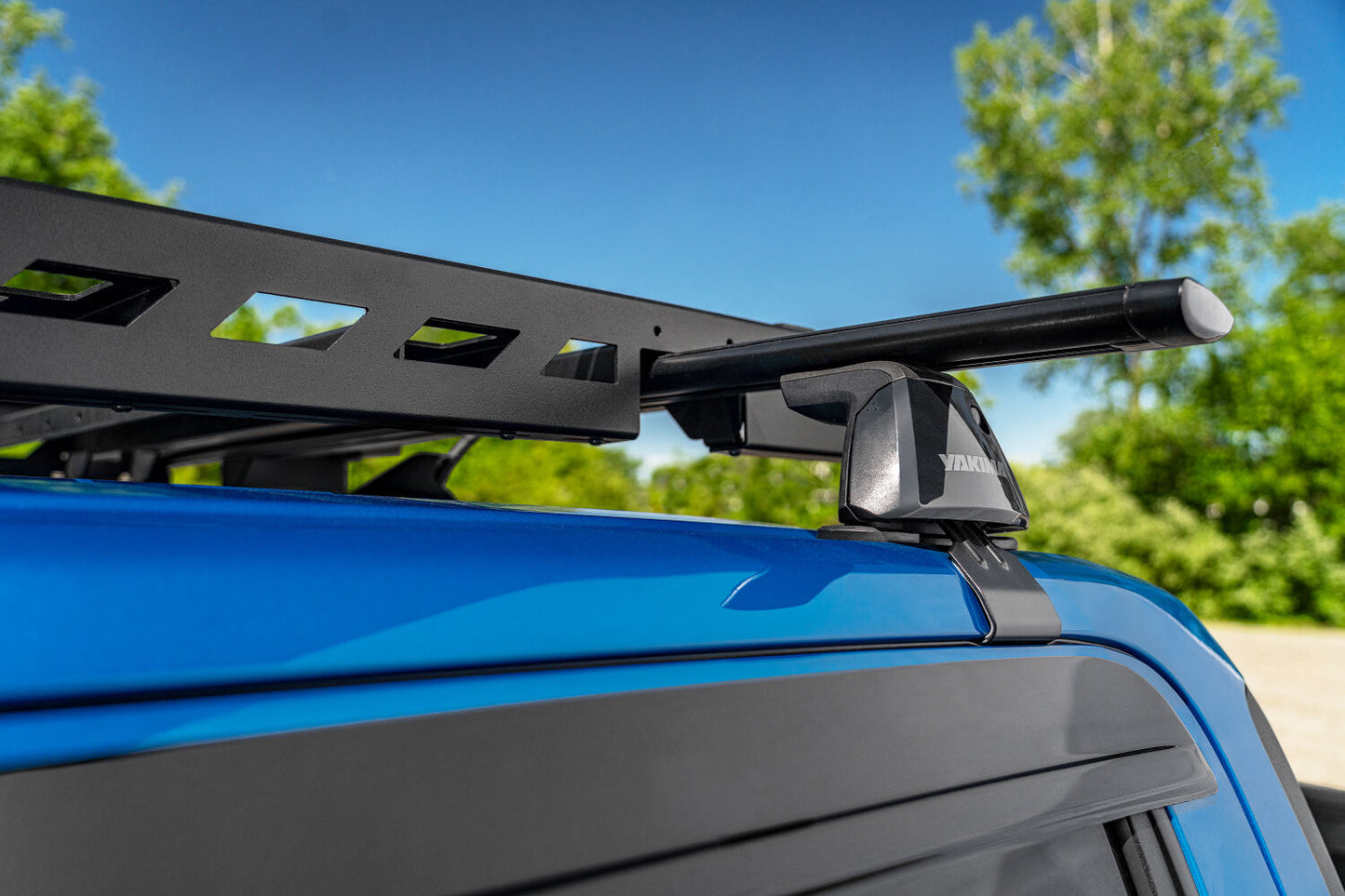 The N-FAB Universal Roof Rack Small 34.25 in Wide adds essential overhead cargo capacity and fits OEM and aftermarket crossbars on most cars, CUVs, and SUVs NFab-15