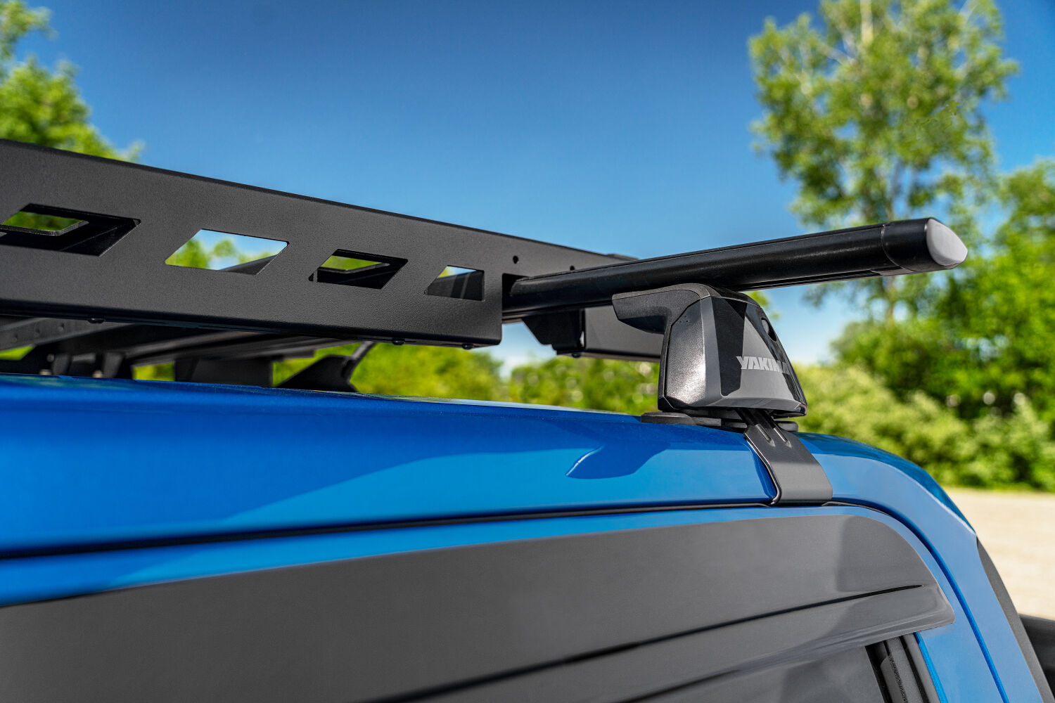 The N-FAB Universal Roof Rack Small 34.25 in Wide adds essential overhead cargo capacity and fits OEM and aftermarket crossbars on most cars, CUVs, and SUVs NFab-15