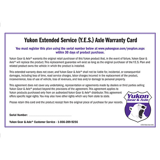 Extended Service (Yes) Plan Warranty For Shafts Y.E.S. - Extended Service Warranty Sales Only Yukon Gear & Axle