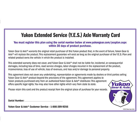 Extended Service (Yes) Plan Warranty For Shafts Y.E.S. - Extended Service Warranty Sales Only Yukon Gear & Axle