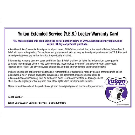Extended Service (Yes) Plan Warranty For Grizzly Or Zip Lockers Y.E.S. Locker - Extended Service Warranty Zip & Grizzly Sales Only Yukon Gear & Axle