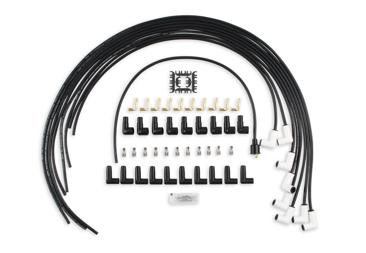 Spark Plug Wire Set Universal 90 Deg White Ceramic Boots 9001C, Spark Plug Wires, Pro Fit Ceramic, Spiral Core, 8Mm, Black, Set ACCEL