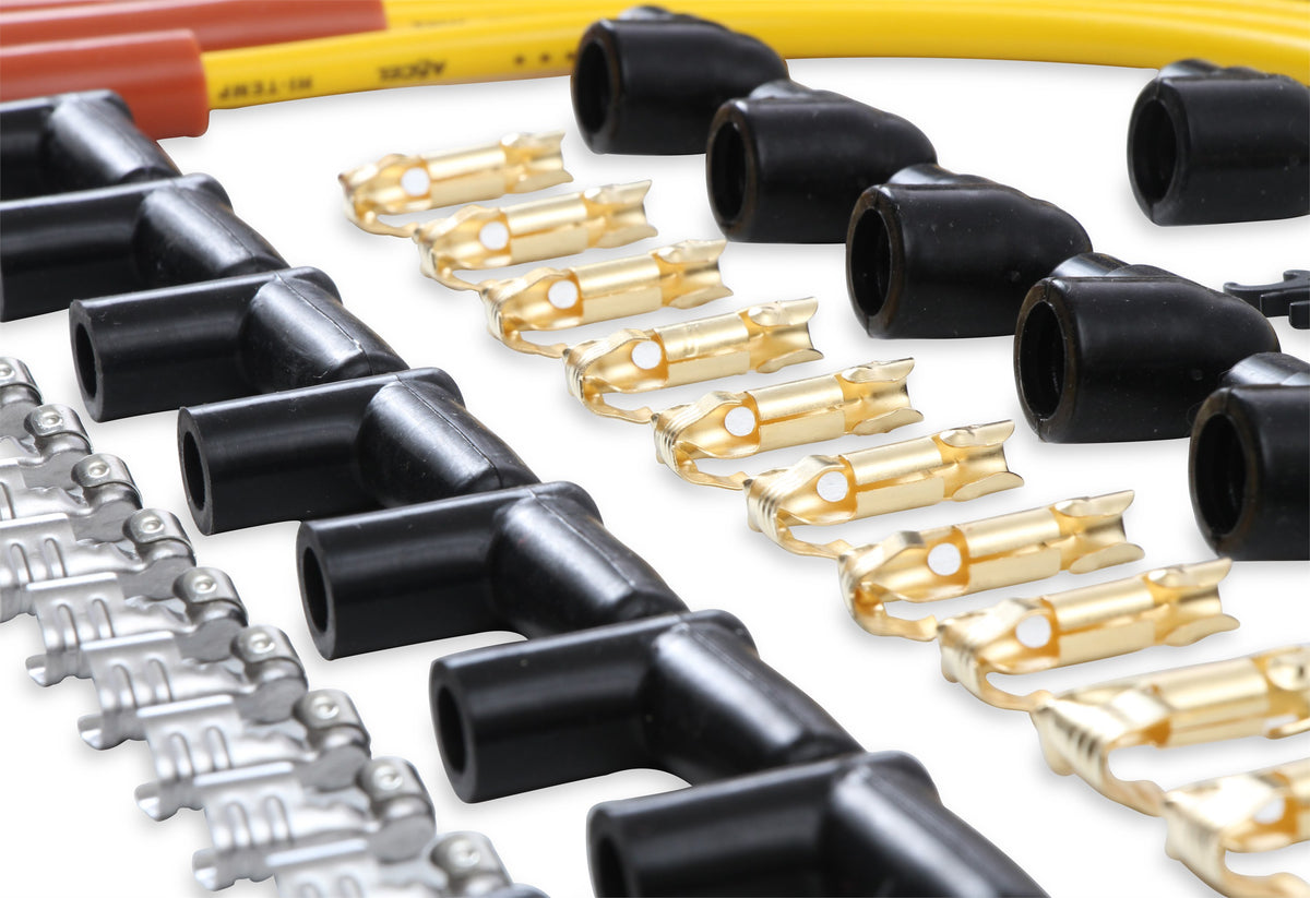 Spark Plug Wire Set 8MM Yellow With Orange Straight Boots 4040 8MM Universal Fit Super Stock Spark Plug Wire Sets Feature A Spiral Core And A Yellow Silicone Jacket ACCEL-7