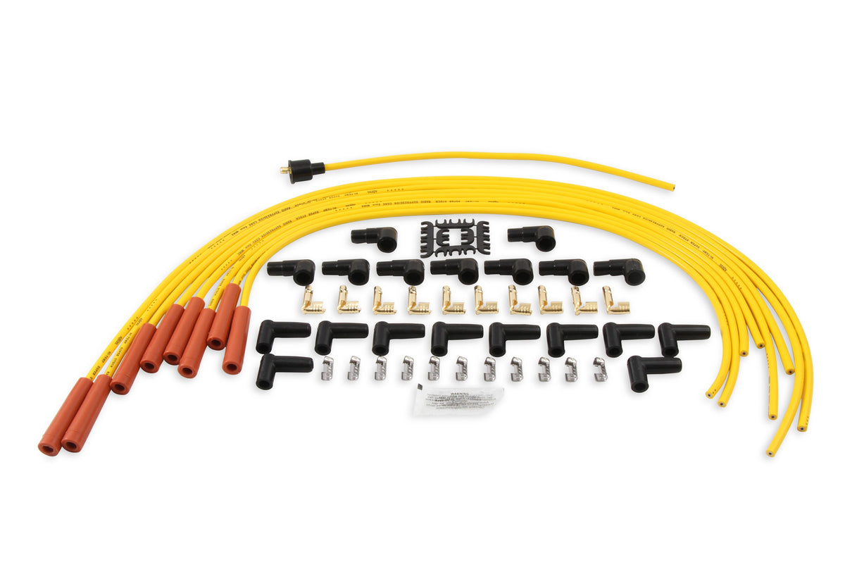 Spark Plug Wire Set 8MM Yellow With Orange Straight Boots 4040 8MM Universal Fit Super Stock Spark Plug Wire Sets Feature A Spiral Core And A Yellow Silicone Jacket ACCEL-1