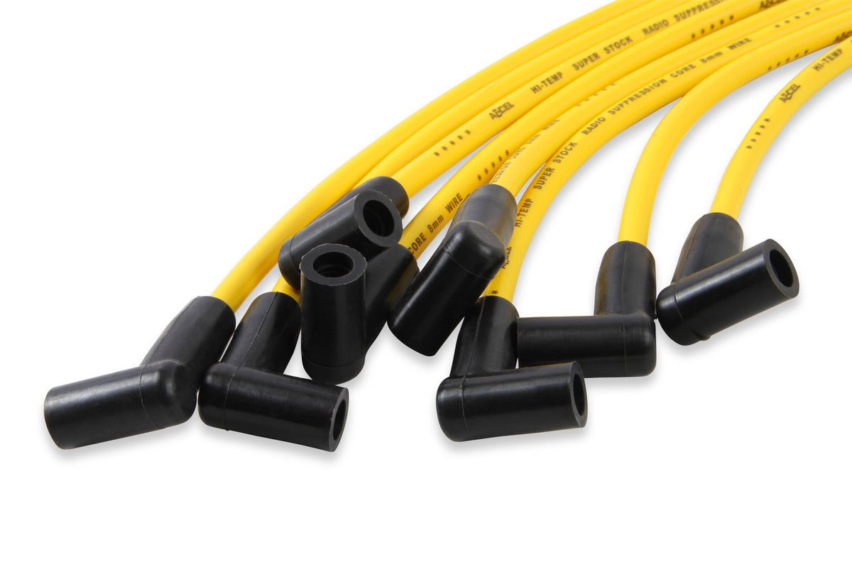 Spark Plug Wire Set Super Stock Graphite Core 8MM GM V8 1975-90 Yellow This 8MM Custom Fit Super Stock Spark Plug Wire Set Fits Select GM V8 Applications 1975-90 ACCEL-4