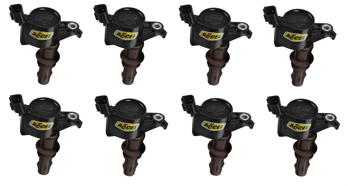 Direct Ignition Coil Kit Supercoil 2008-2014 Ford 4.6L/5.4L/6.8L 3-Valve, 8-Pack Supercoil With Extended Brown Boot For 2008-2014 Ford Modular 3V 4.6L/ 5.4L / 6.8L V10 Engines, Black ACCEL