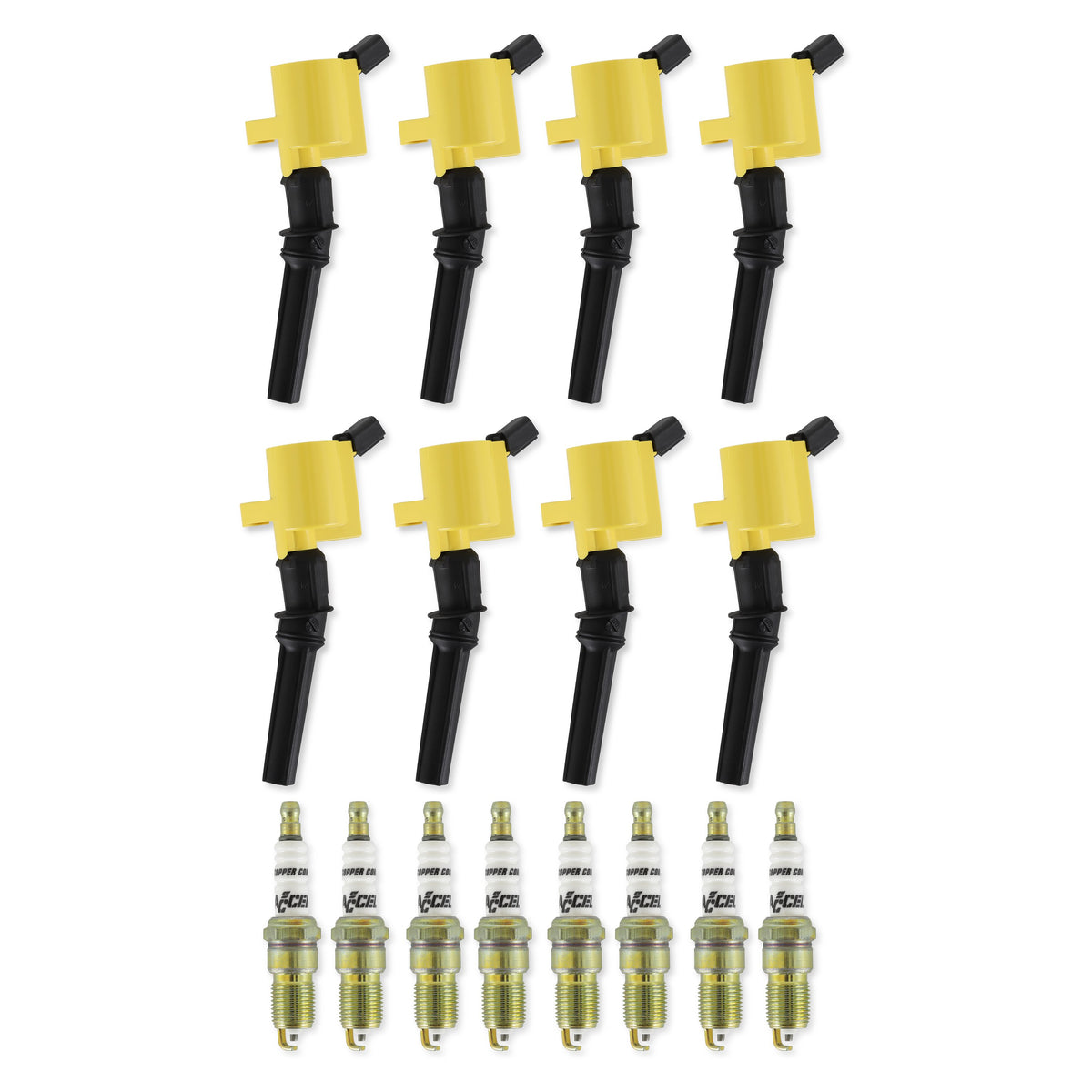 Ignition Upgrade Kit- 1998-2008 Ford 4.6L/5.4L/6.8L 2-Valve, Yellow 8-Pack Includes 8-Pack Of Hp Copper Spark Plugs (P/N 8196) & 8-Pack Of Igniiton Coils (P/N 140032-8) ACCEL