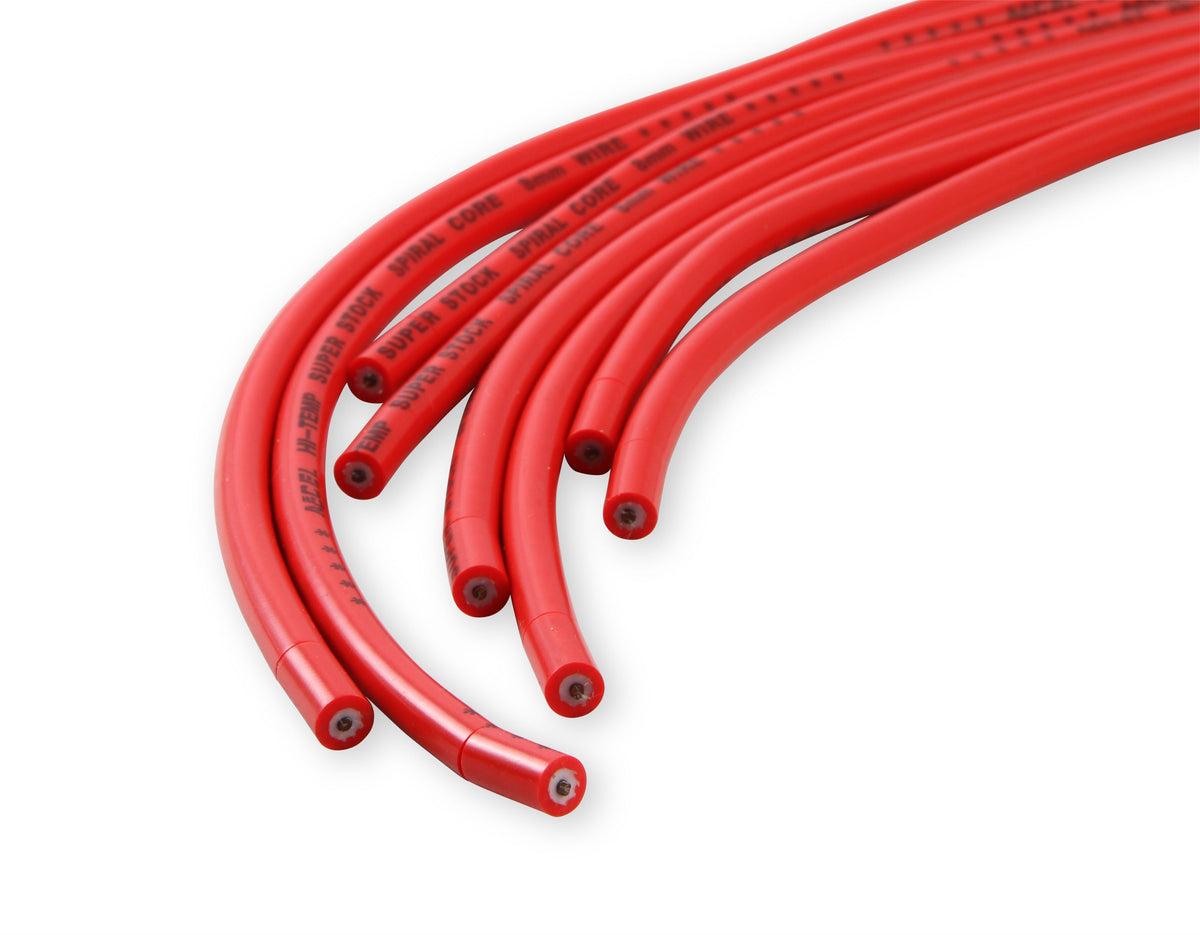Spark Plug Wire Set 8MM Universal Red Wire With Red Straight Boots 5040R 8MM Super Stock Universal Fit Spark Plug Wires Feature A Spiral Core And Red Silicone Jacket ACCEL-11