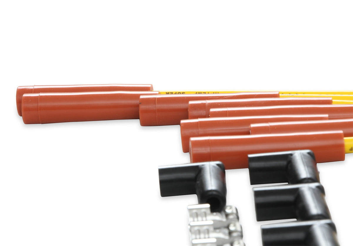 Spark Plug Wire Set 8MM Yellow With Orange Straight Boots 4040 8MM Universal Fit Super Stock Spark Plug Wire Sets Feature A Spiral Core And A Yellow Silicone Jacket ACCEL-8
