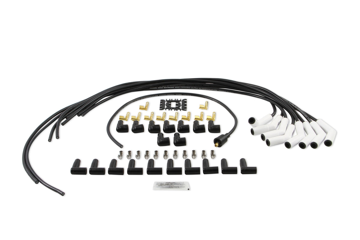 Spark Plug Wire Set Universal 135 Deg White Ceramic Boots 9002C, Spark Plug Wires, Pro Fit Ceramic, Spiral Core, 8Mm, Black, Set ACCEL-1