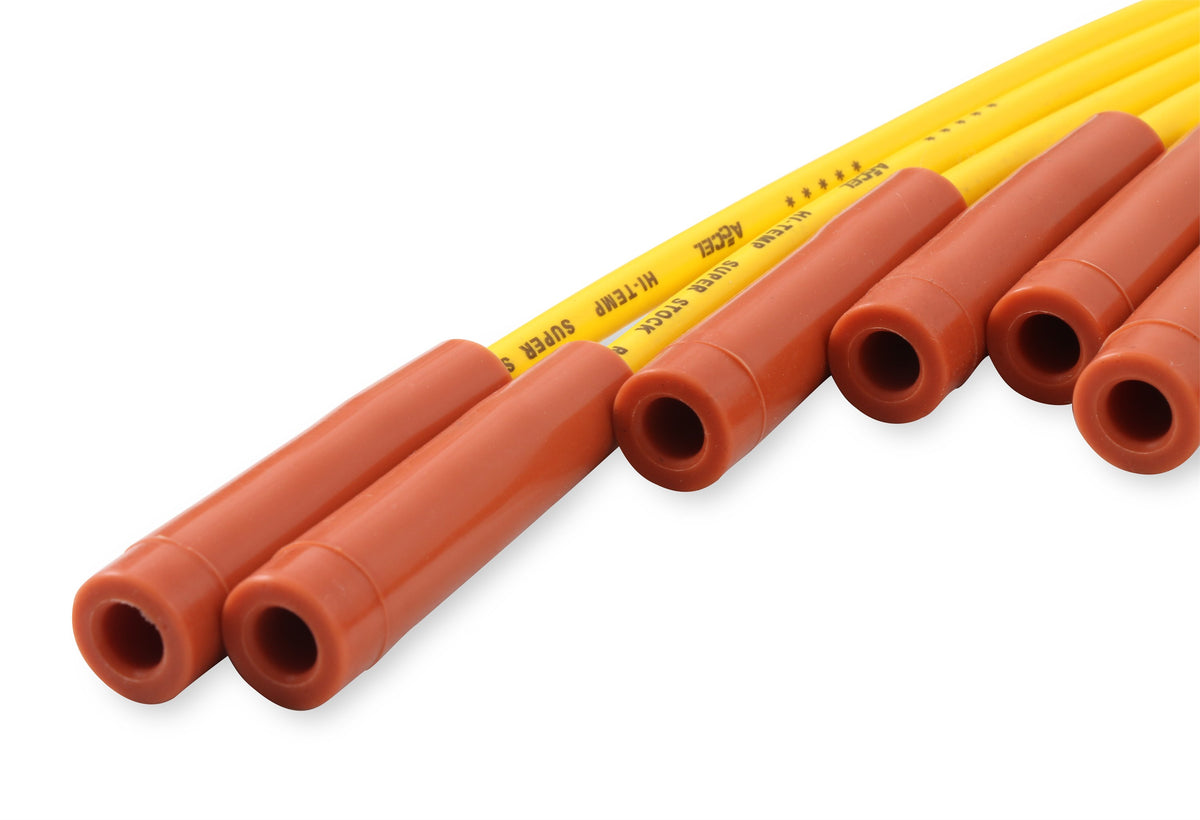Spark Plug Wire Set 8MM Yellow With Orange Straight Boots 4040 8MM Universal Fit Super Stock Spark Plug Wire Sets Feature A Spiral Core And A Yellow Silicone Jacket ACCEL-3