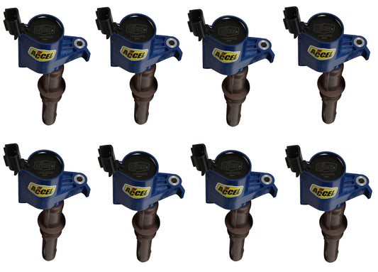 Direct Ignition Coil Kit Supercoil 2008-2014 Ford 4.6L/5.4L/6.8L 3-Valve, Blue, 8-Pack Supercoil With Extended Brown Boot For 2008-2014 Ford Modular 3V 4.6L/ 5.4L / 6.8L V10 Engines ACCEL